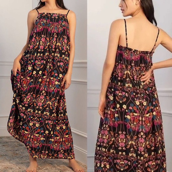 Anthropologie Dresses & Skirts - Anthropologie Quilted Boho Maxi Shift Dress Sz S Floral Modal Sleeveless Pocket